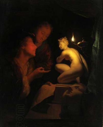 Godfried Schalcken Godfried Schalcken, Two men examining a painting by candlelight